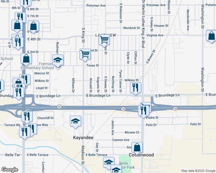 map of restaurants, bars, coffee shops, grocery stores, and more near 27 South Owens Street in Bakersfield