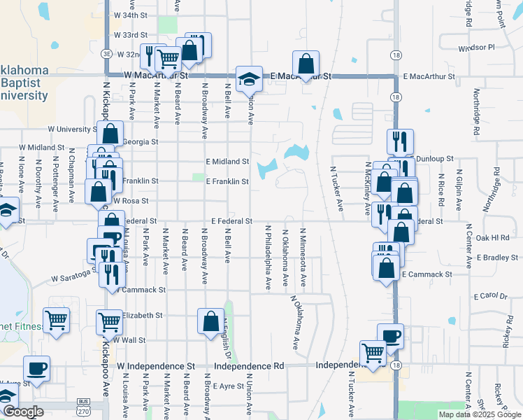 map of restaurants, bars, coffee shops, grocery stores, and more near 200 East Federal Street in Shawnee