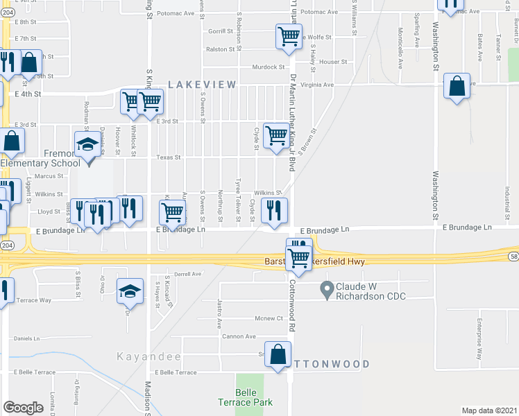 map of restaurants, bars, coffee shops, grocery stores, and more near 27 Clyde Street in Bakersfield