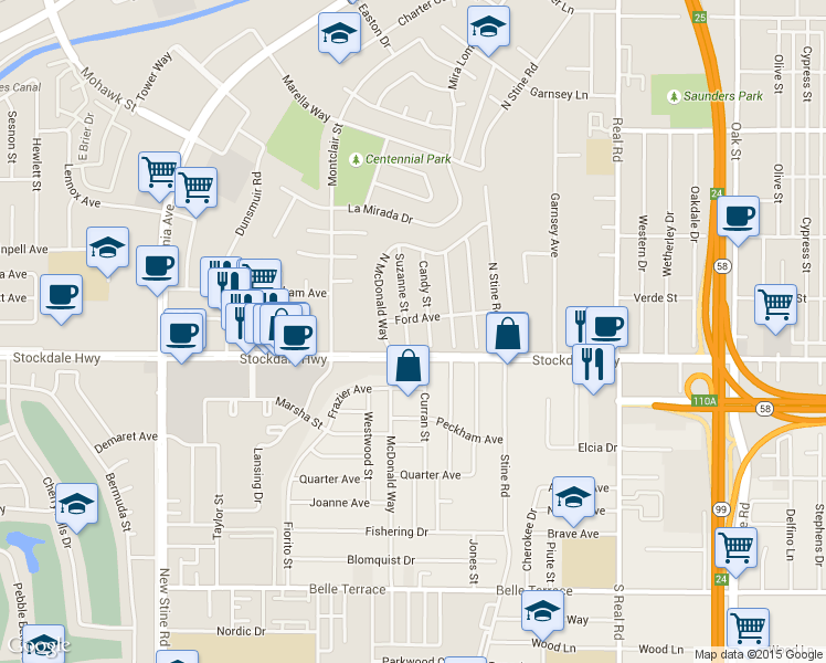 map of restaurants, bars, coffee shops, grocery stores, and more near 15 Suzanne Street in Bakersfield