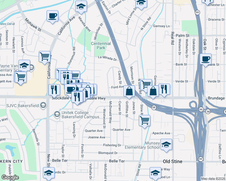 map of restaurants, bars, coffee shops, grocery stores, and more near 15 Suzanne Street in Bakersfield