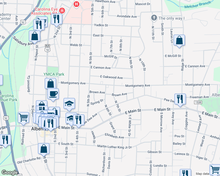 map of restaurants, bars, coffee shops, grocery stores, and more near 606 Montgomery Avenue in Albemarle