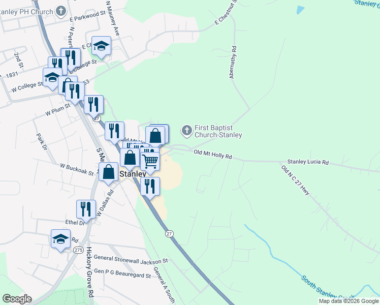 map of restaurants, bars, coffee shops, grocery stores, and more near 502 Old Mount Holly Road in Stanley