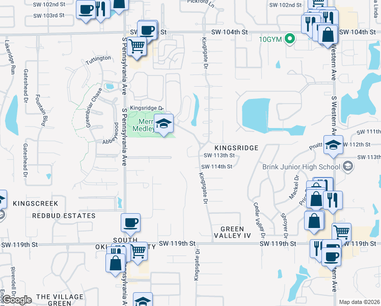 map of restaurants, bars, coffee shops, grocery stores, and more near 1405 Southwest 113th Street in Oklahoma City