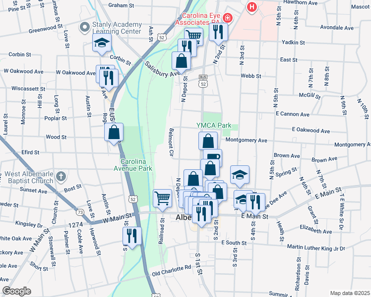 map of restaurants, bars, coffee shops, grocery stores, and more near 322 N Depot St in Albemarle