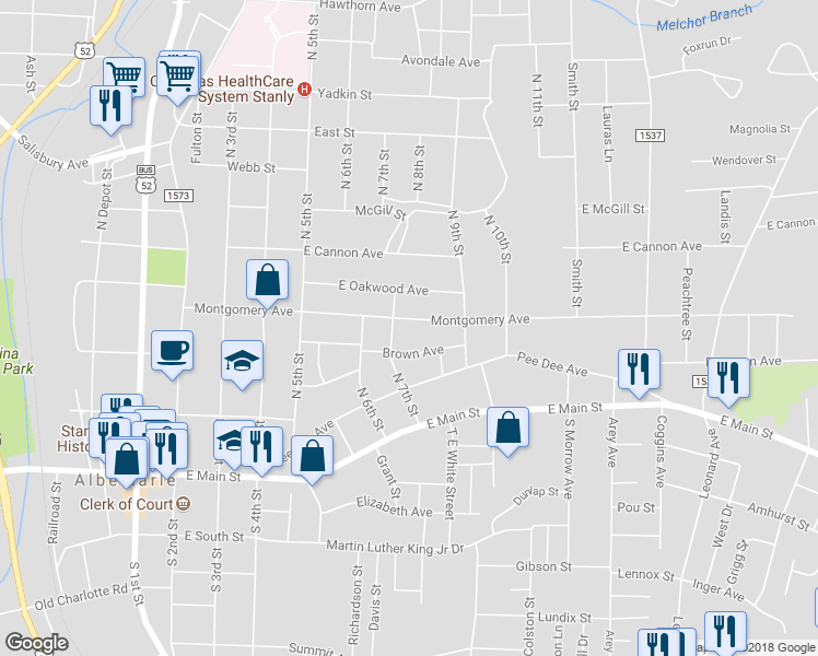 map of restaurants, bars, coffee shops, grocery stores, and more near 716 Montgomery Avenue in Albemarle
