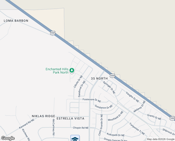 map of restaurants, bars, coffee shops, grocery stores, and more near 5736 Cibola Drive Northeast in Rio Rancho