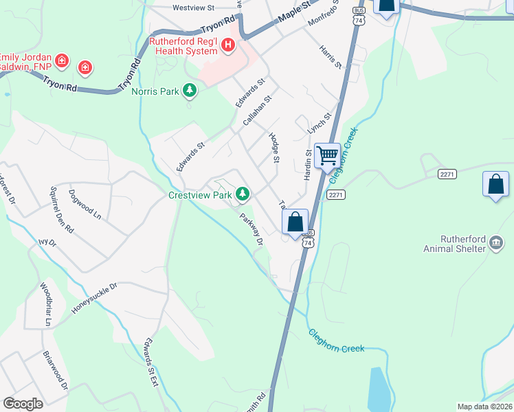 map of restaurants, bars, coffee shops, grocery stores, and more near 187 Crestview Street in Rutherfordton
