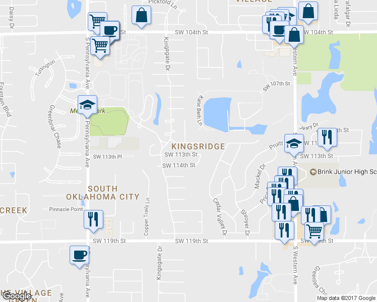 map of restaurants, bars, coffee shops, grocery stores, and more near 1217 Southwest 113th Street in Oklahoma City