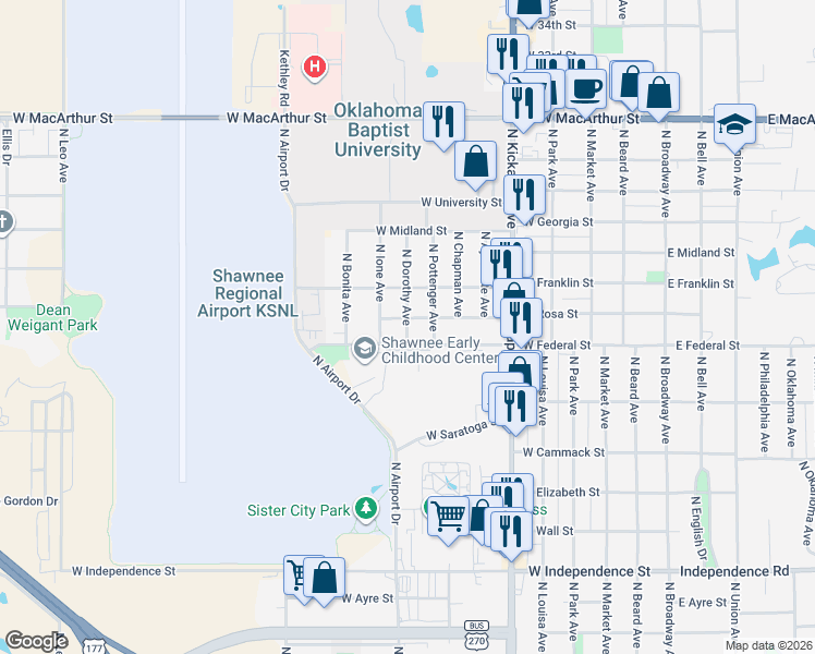 map of restaurants, bars, coffee shops, grocery stores, and more near 2012 North Dorothy Avenue in Shawnee