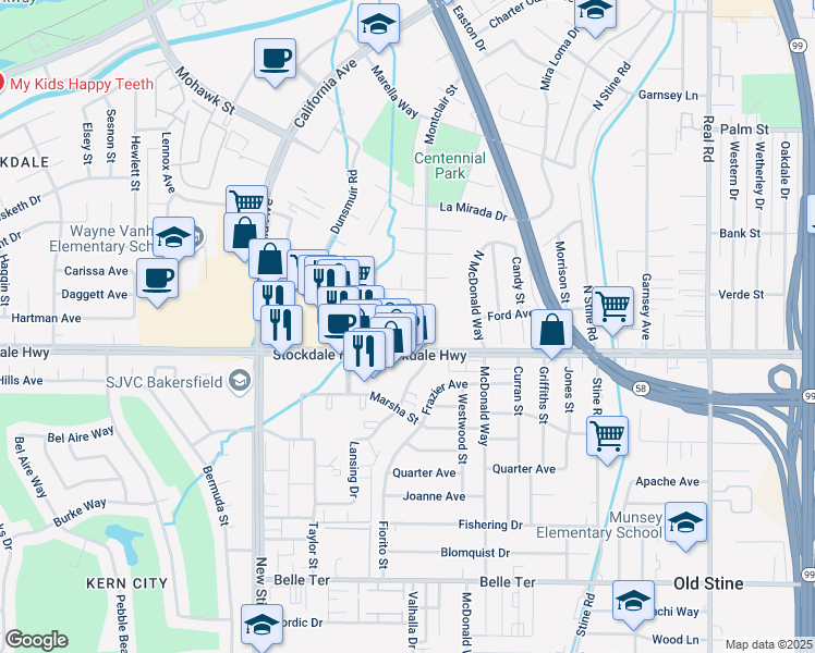 map of restaurants, bars, coffee shops, grocery stores, and more near 4700 Stockdale Highway in Bakersfield
