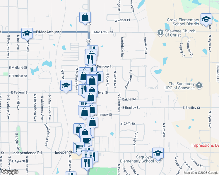 map of restaurants, bars, coffee shops, grocery stores, and more near 5 North Rice Road in Shawnee