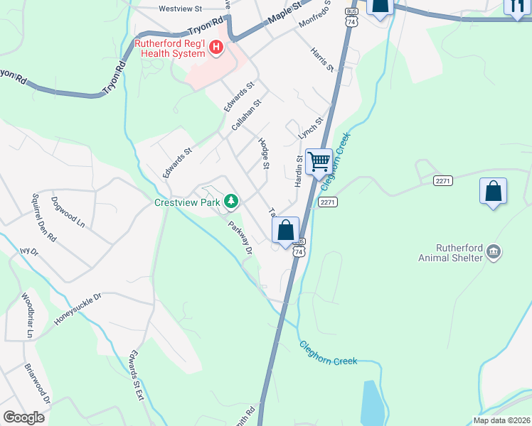 map of restaurants, bars, coffee shops, grocery stores, and more near 185 Tanner Street in Rutherfordton