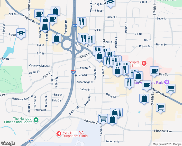 map of restaurants, bars, coffee shops, grocery stores, and more near 6409 Boston Street in Fort Smith