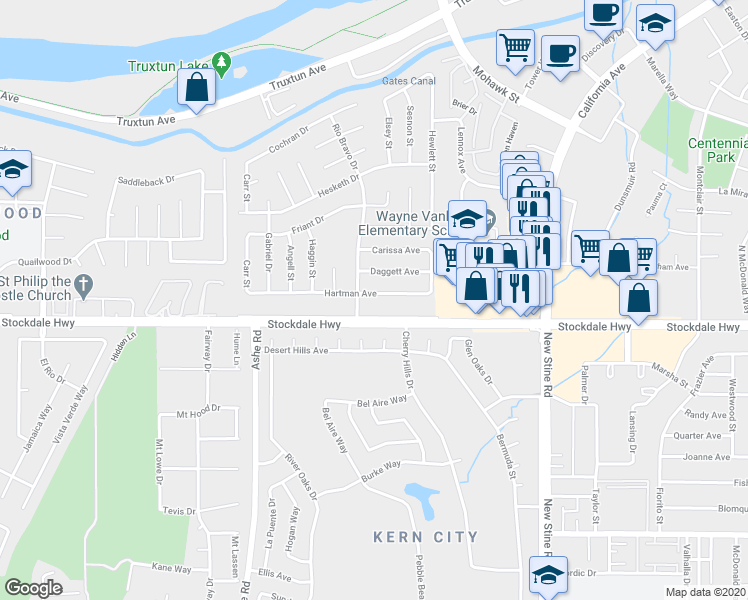 map of restaurants, bars, coffee shops, grocery stores, and more near 5909 Hartman Ave in Bakersfield