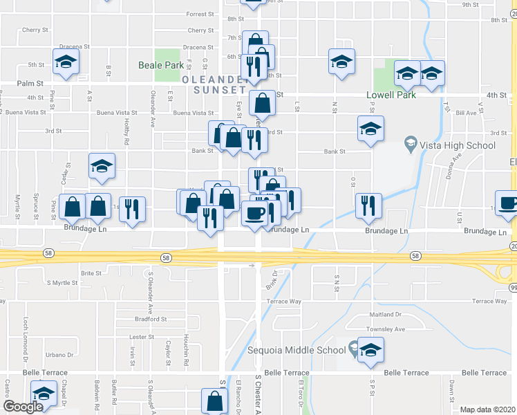 map of restaurants, bars, coffee shops, grocery stores, and more near Chester Avenue & 1st Street in Bakersfield