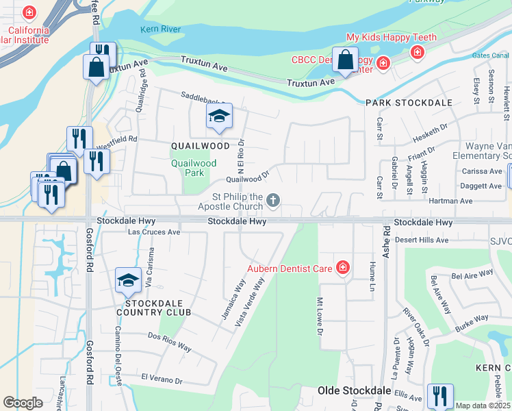 map of restaurants, bars, coffee shops, grocery stores, and more near 100 North El Rio Drive in Bakersfield