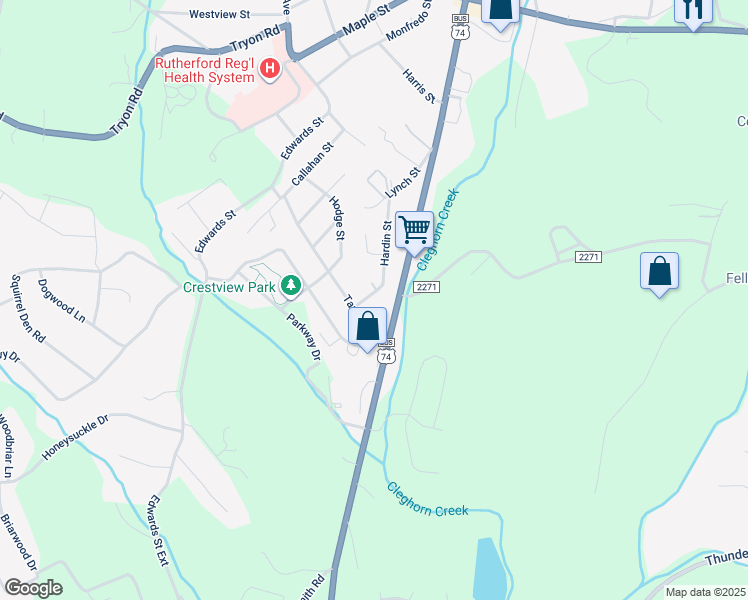 map of restaurants, bars, coffee shops, grocery stores, and more near 117 South Street in Rutherfordton