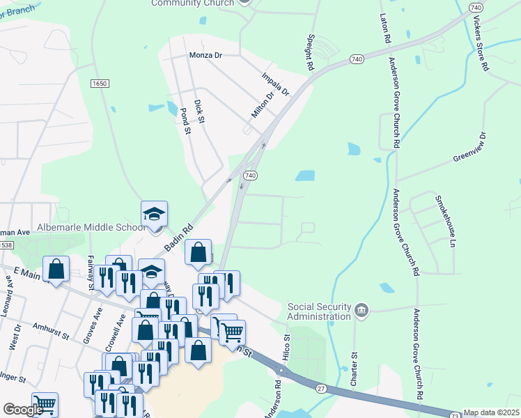 map of restaurants, bars, coffee shops, grocery stores, and more near 1911 Midwood Drive in Albemarle