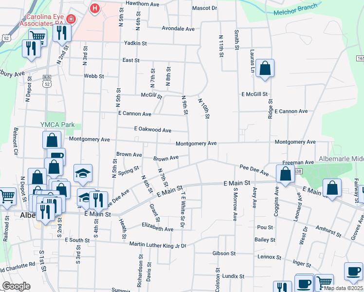 map of restaurants, bars, coffee shops, grocery stores, and more near 331 North 9th Street in Albemarle