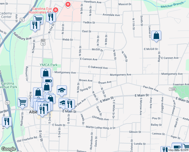 map of restaurants, bars, coffee shops, grocery stores, and more near 606 Montgomery Avenue in Albemarle