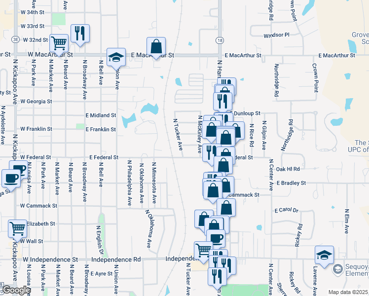map of restaurants, bars, coffee shops, grocery stores, and more near 2005 North Tucker Avenue in Shawnee