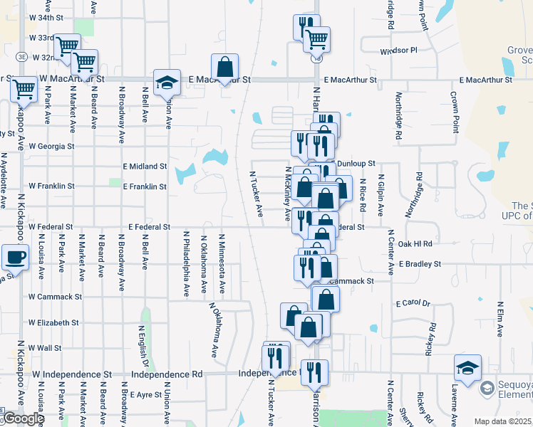 map of restaurants, bars, coffee shops, grocery stores, and more near 2005 North Tucker Avenue in Shawnee