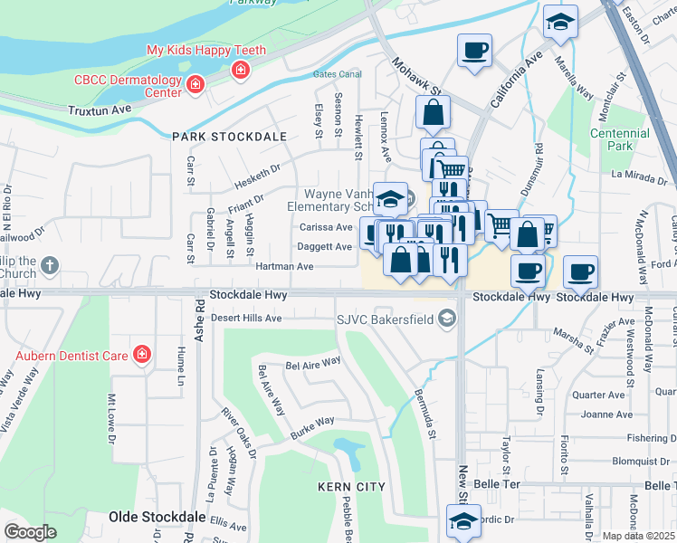 map of restaurants, bars, coffee shops, grocery stores, and more near 5717 Hartman Avenue in Bakersfield