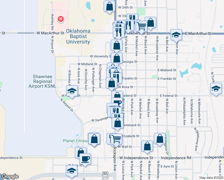 map of restaurants, bars, coffee shops, grocery stores, and more near 2006 North Kickapoo Avenue in Shawnee