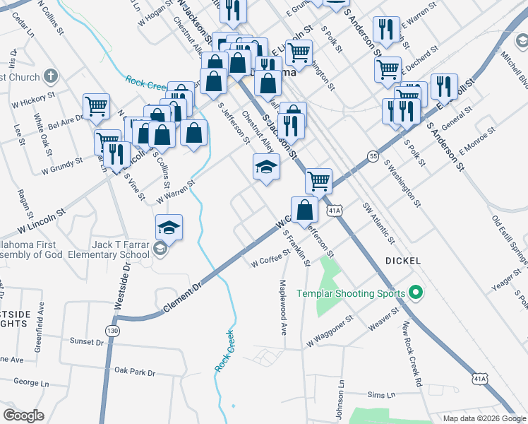 map of restaurants, bars, coffee shops, grocery stores, and more near 502 S Franklin St in Tullahoma