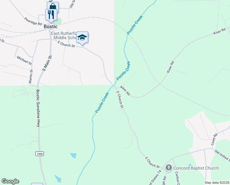 map of restaurants, bars, coffee shops, grocery stores, and more near 478 East Church Street in Bostic