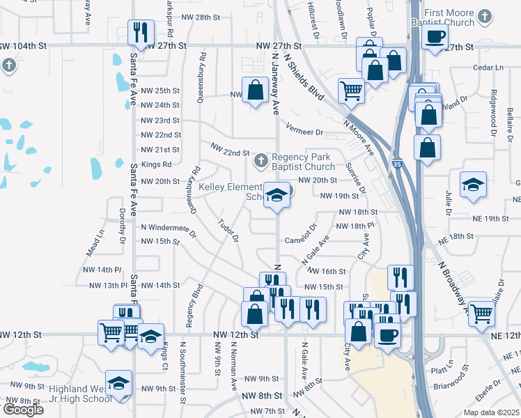 map of restaurants, bars, coffee shops, grocery stores, and more near 818 Saint George Circle in Moore