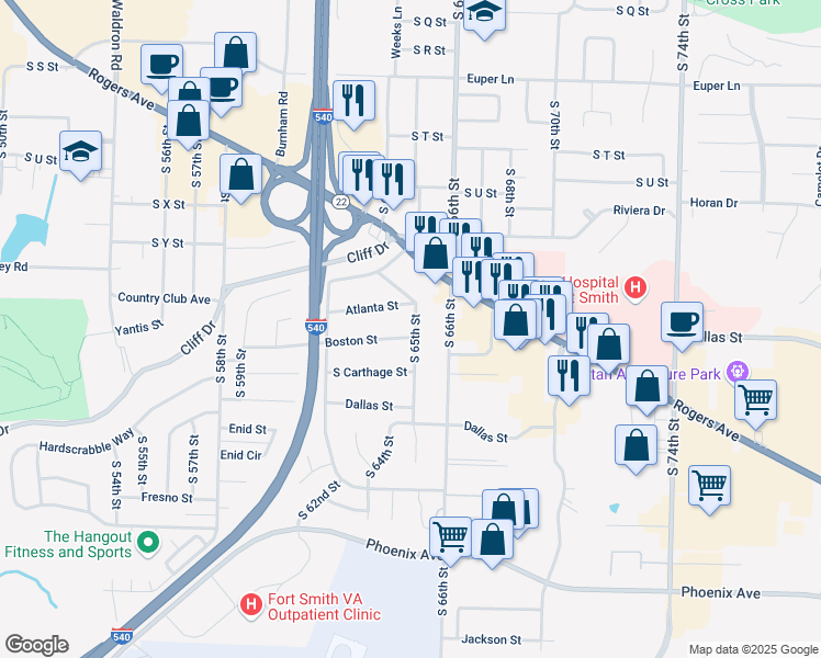 map of restaurants, bars, coffee shops, grocery stores, and more near 6409 Boston Street in Fort Smith