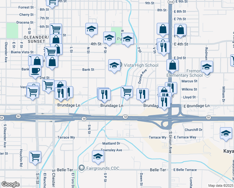 map of restaurants, bars, coffee shops, grocery stores, and more near 22 P Street in Bakersfield