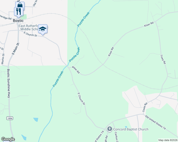 map of restaurants, bars, coffee shops, grocery stores, and more near 201 Kiser Road in Bostic