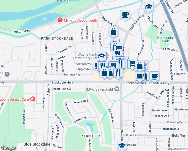 map of restaurants, bars, coffee shops, grocery stores, and more near 100 Hewlett Street in Bakersfield