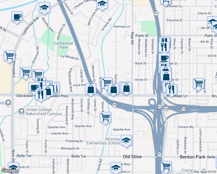 map of restaurants, bars, coffee shops, grocery stores, and more near in Bakersfield