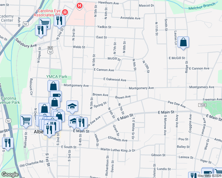 map of restaurants, bars, coffee shops, grocery stores, and more near 606 Montgomery Avenue in Albemarle
