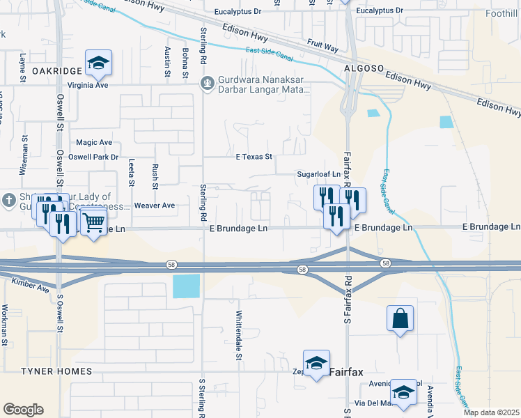map of restaurants, bars, coffee shops, grocery stores, and more near 5918 East Brundage Lane in Bakersfield