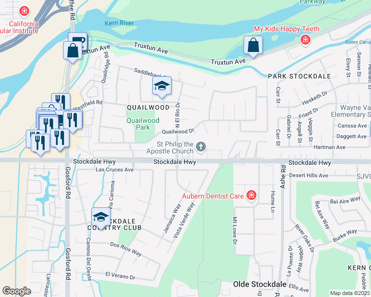 map of restaurants, bars, coffee shops, grocery stores, and more near 100 North El Rio Drive in Bakersfield