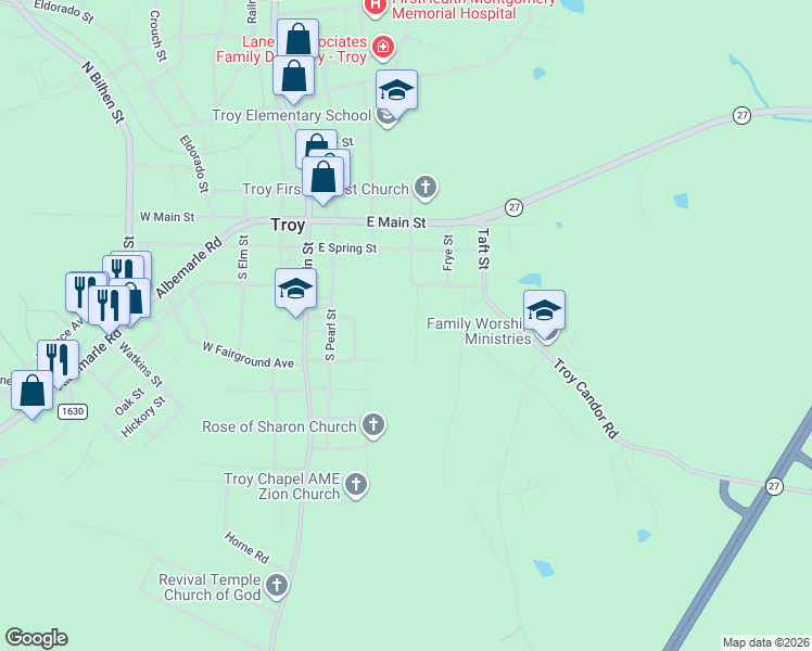 map of restaurants, bars, coffee shops, grocery stores, and more near 320 South Lineberry Street in Troy