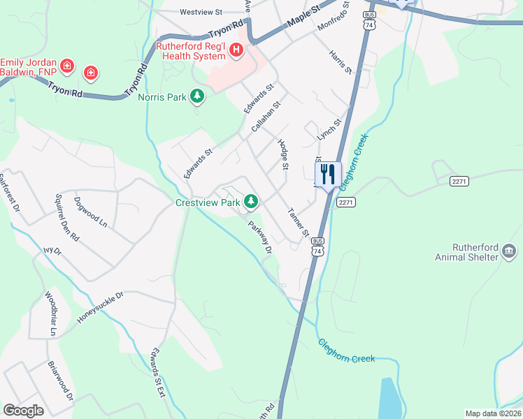 map of restaurants, bars, coffee shops, grocery stores, and more near 187 Crestview Street in Rutherfordton
