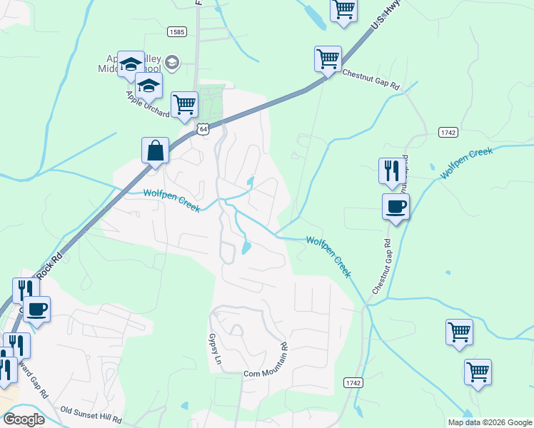 map of restaurants, bars, coffee shops, grocery stores, and more near 35 Gray Wolf Lane in Hendersonville