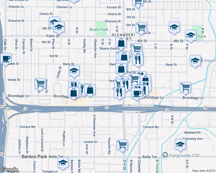 map of restaurants, bars, coffee shops, grocery stores, and more near 1900 1st Street in Bakersfield