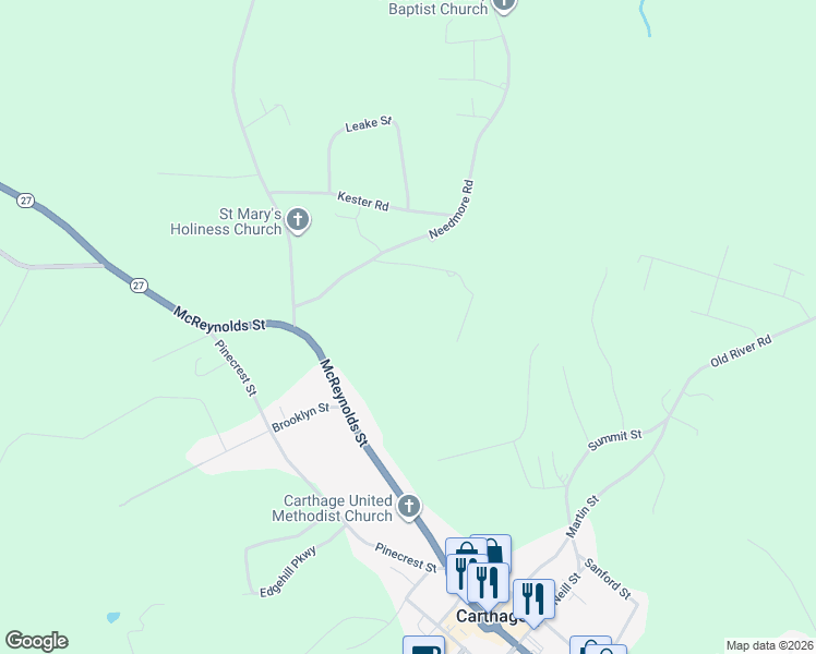 map of restaurants, bars, coffee shops, grocery stores, and more near 206 Degraffenreid Road in Carthage