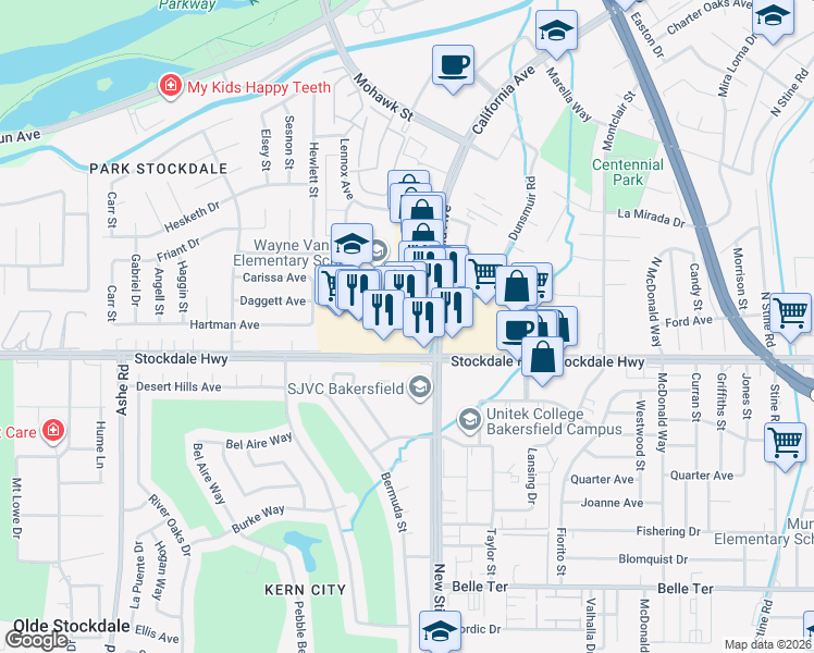 map of restaurants, bars, coffee shops, grocery stores, and more near 5460 Business Center Drive in Bakersfield