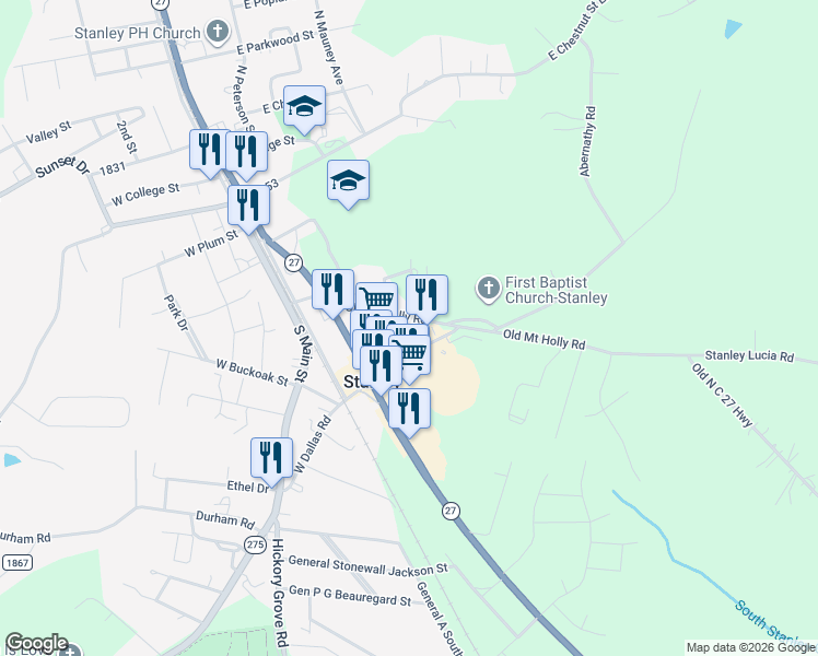 map of restaurants, bars, coffee shops, grocery stores, and more near 160 East Dallas Road in Stanley