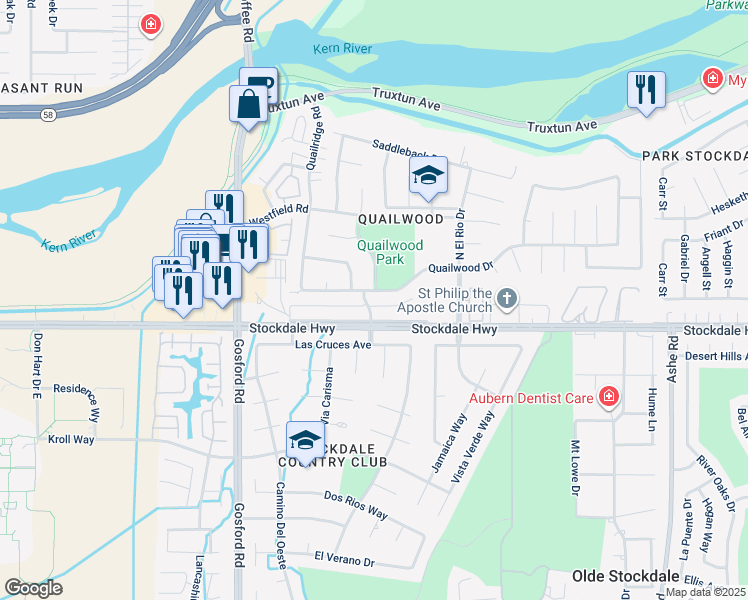 map of restaurants, bars, coffee shops, grocery stores, and more near 7409 Quailwood Drive in Bakersfield