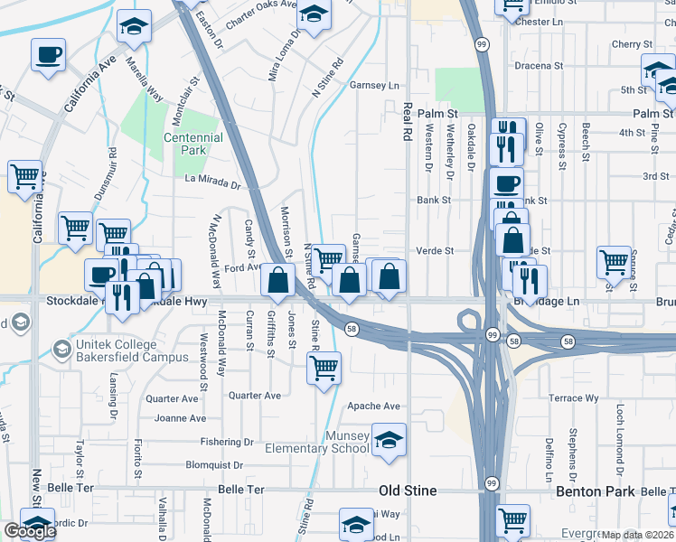 map of restaurants, bars, coffee shops, grocery stores, and more near 10 North Stine Road in Bakersfield