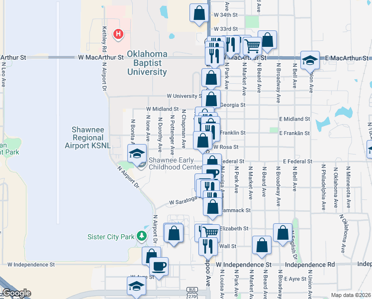 map of restaurants, bars, coffee shops, grocery stores, and more near 621 West Rosa Street in Shawnee